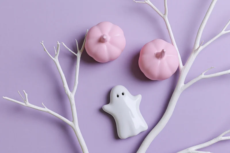 Flat lay of pink ceramic pumpkins and white ghost ornament with painted branches on purple background