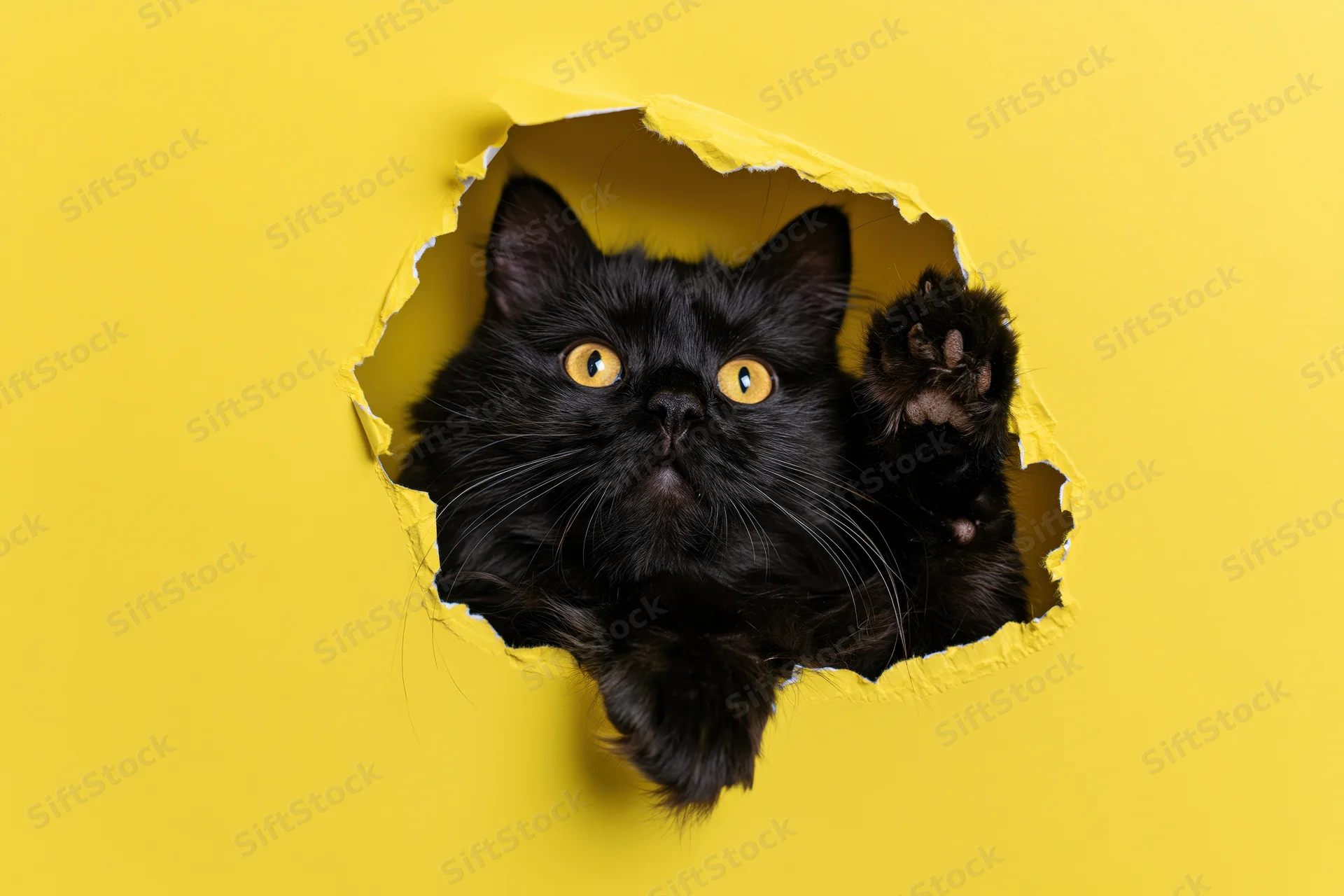 Fluffy black cat peeking through torn hole in bright yellow paper