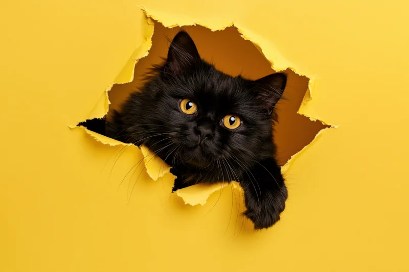 Fluffy black cat peeking through torn hole in bright yellow paper