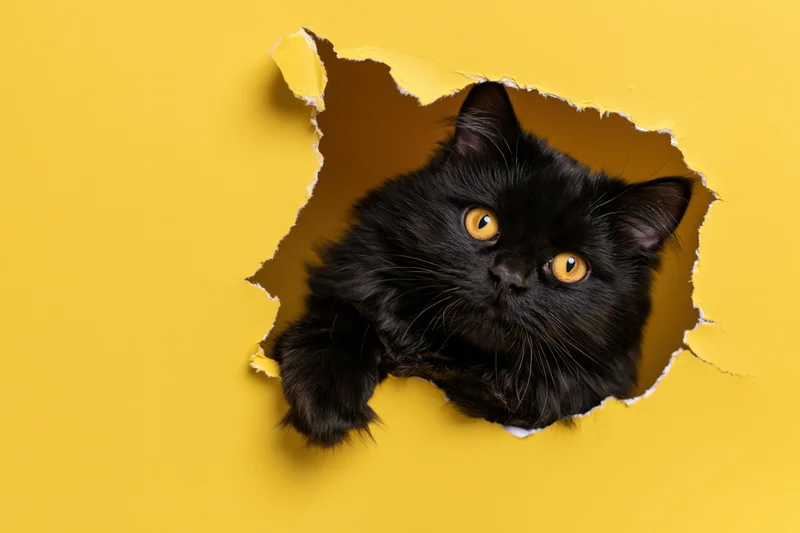 Fluffy black cat peeking through a torn hole in bright yellow paper