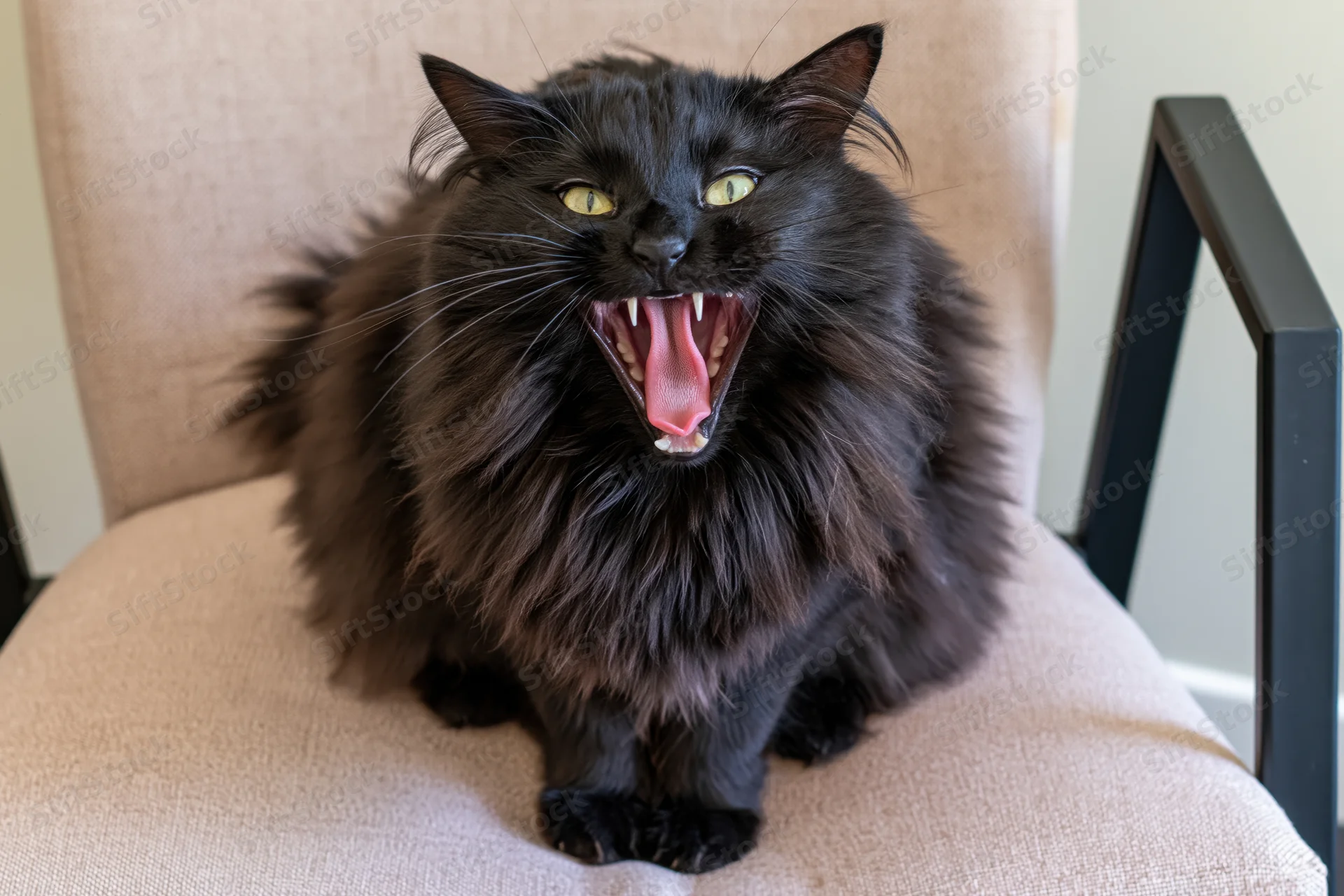 Fluffy black cat yawning with mouth wide open while sitting on beige upholstered chair