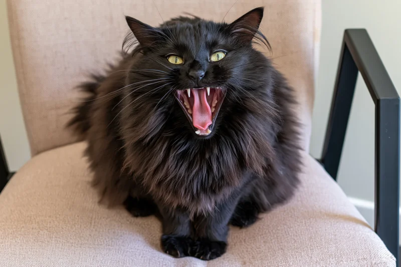 Fluffy black cat yawning with mouth wide open while sitting on beige upholstered chair