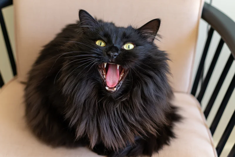Fluffy black cat yawning with mouth wide open while sitting on beige upholstered chair