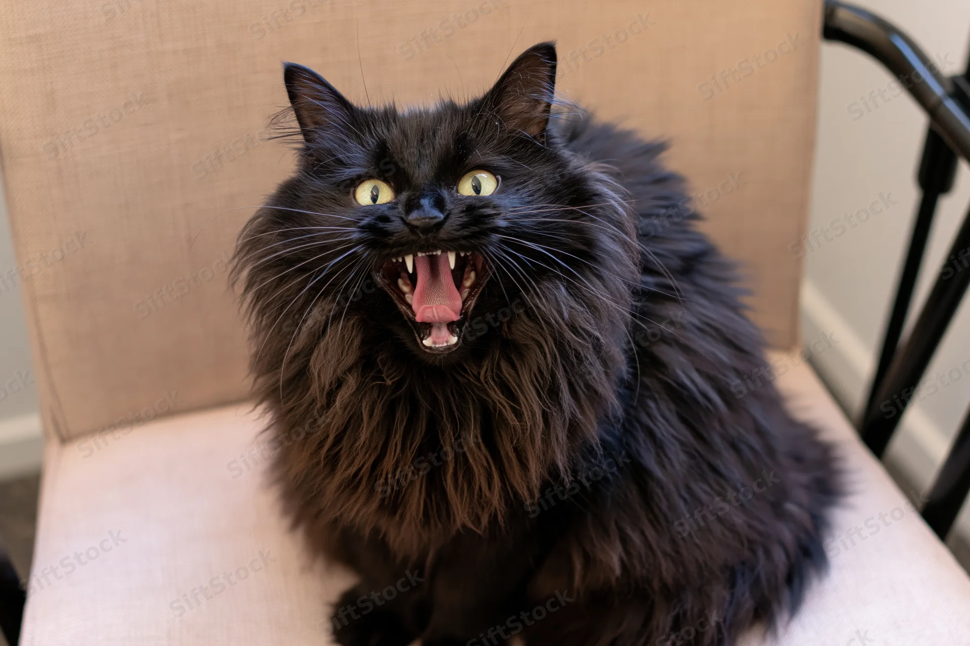 Fluffy black cat sitting on beige upholstered chair with mouth open showing teeth and tongue