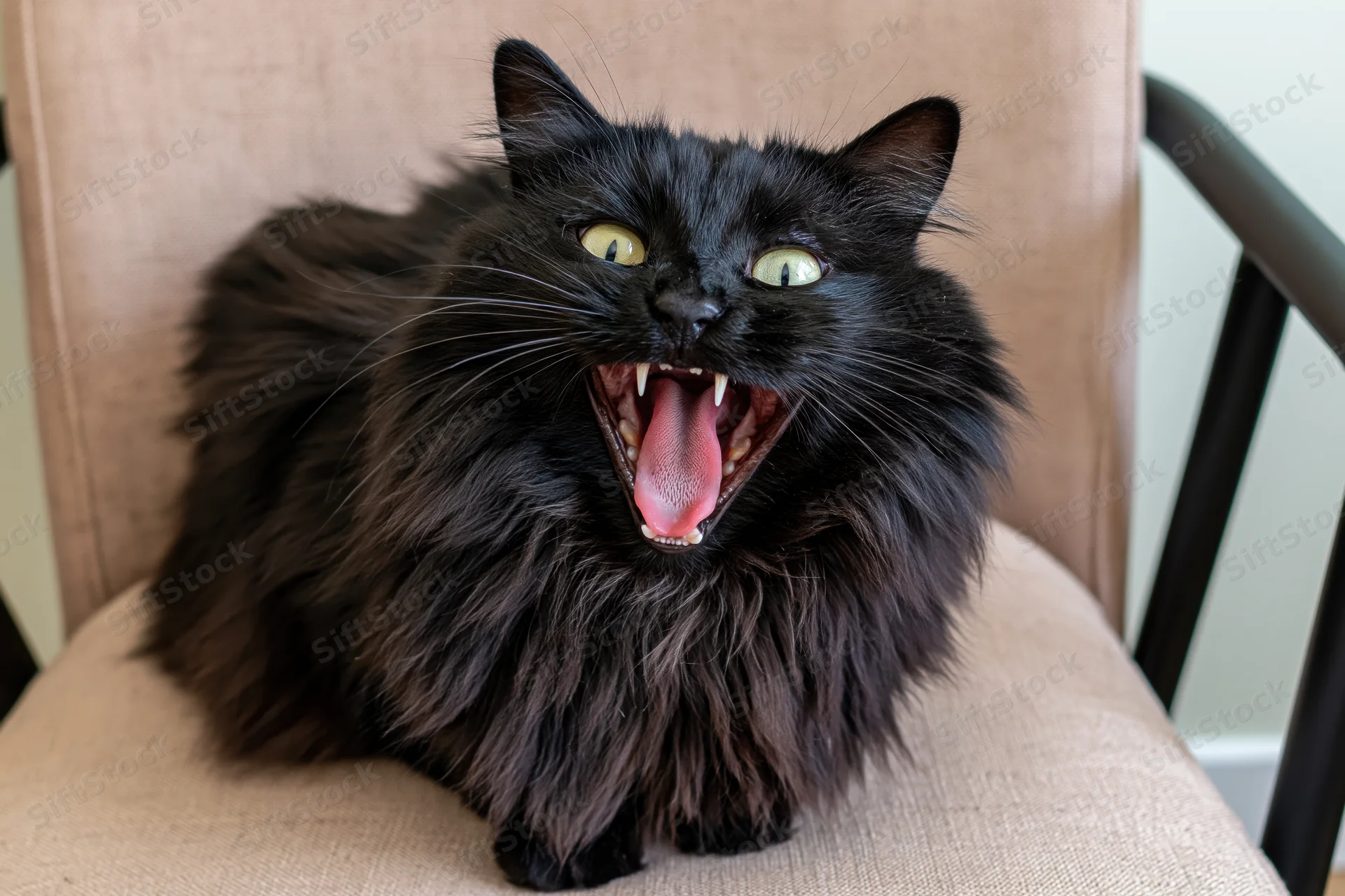 Fluffy black cat yawning with mouth open sitting on beige upholstered chair