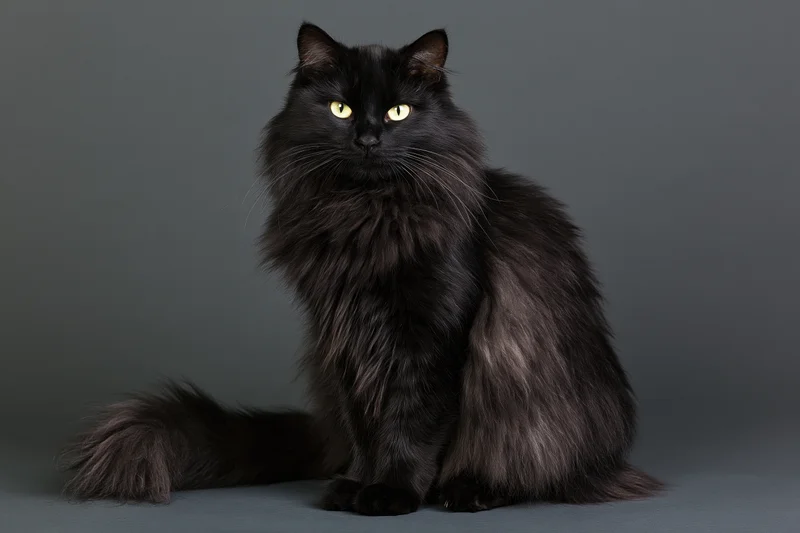 Fluffy black cat sitting upright and looking directly at the camera in a studio portrait