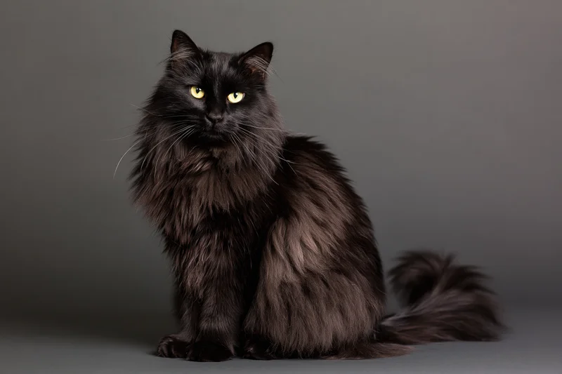 Fluffy black cat sitting upright and looking directly at the camera in a studio portrait