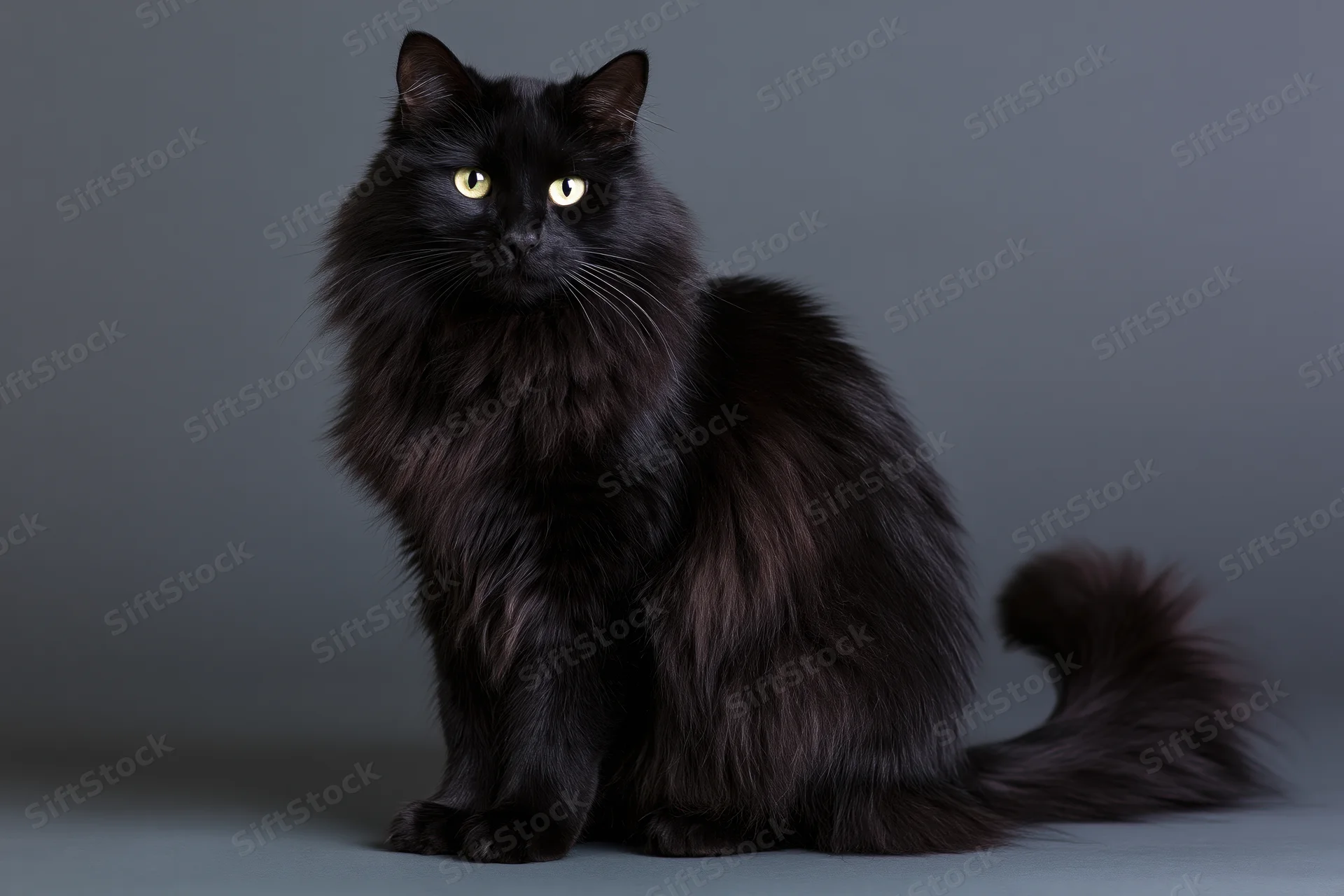 Fluffy black cat sitting upright and looking directly at camera in studio setting