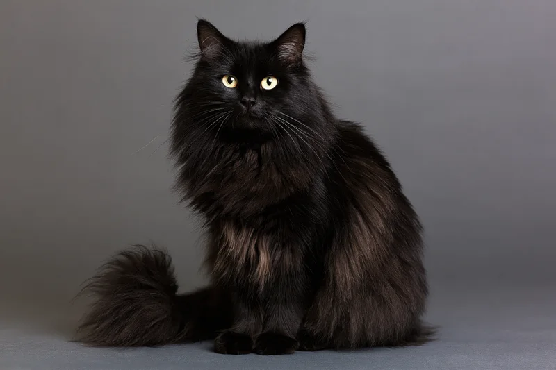Fluffy black cat sitting upright and looking directly at camera in studio portrait