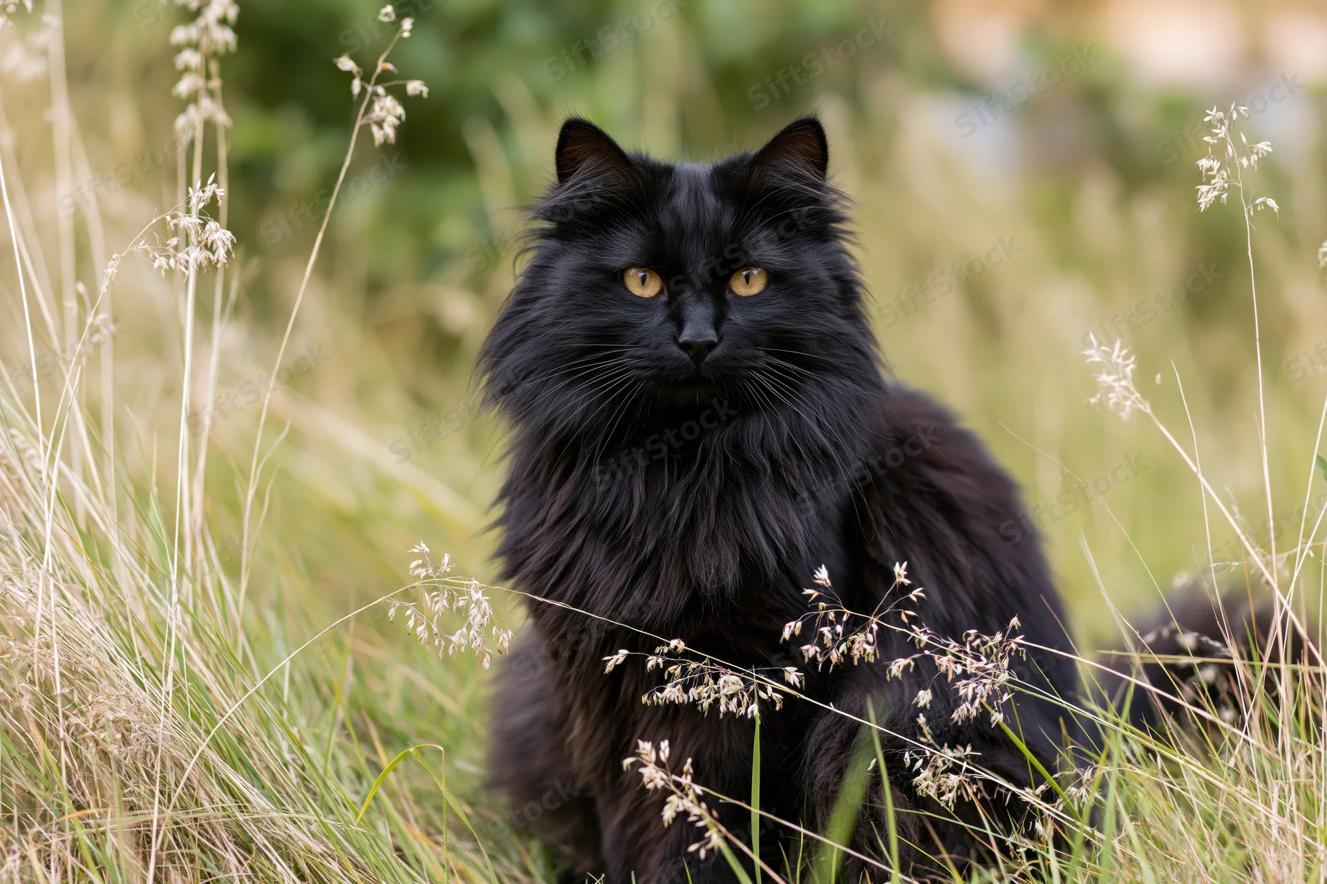 Fluffy black longhaired cat sitting alert in tall wild grass outdoors