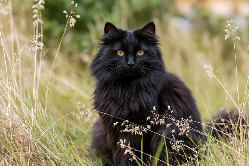 Fluffy black longhaired cat sitting alert in tall wild grass outdoors