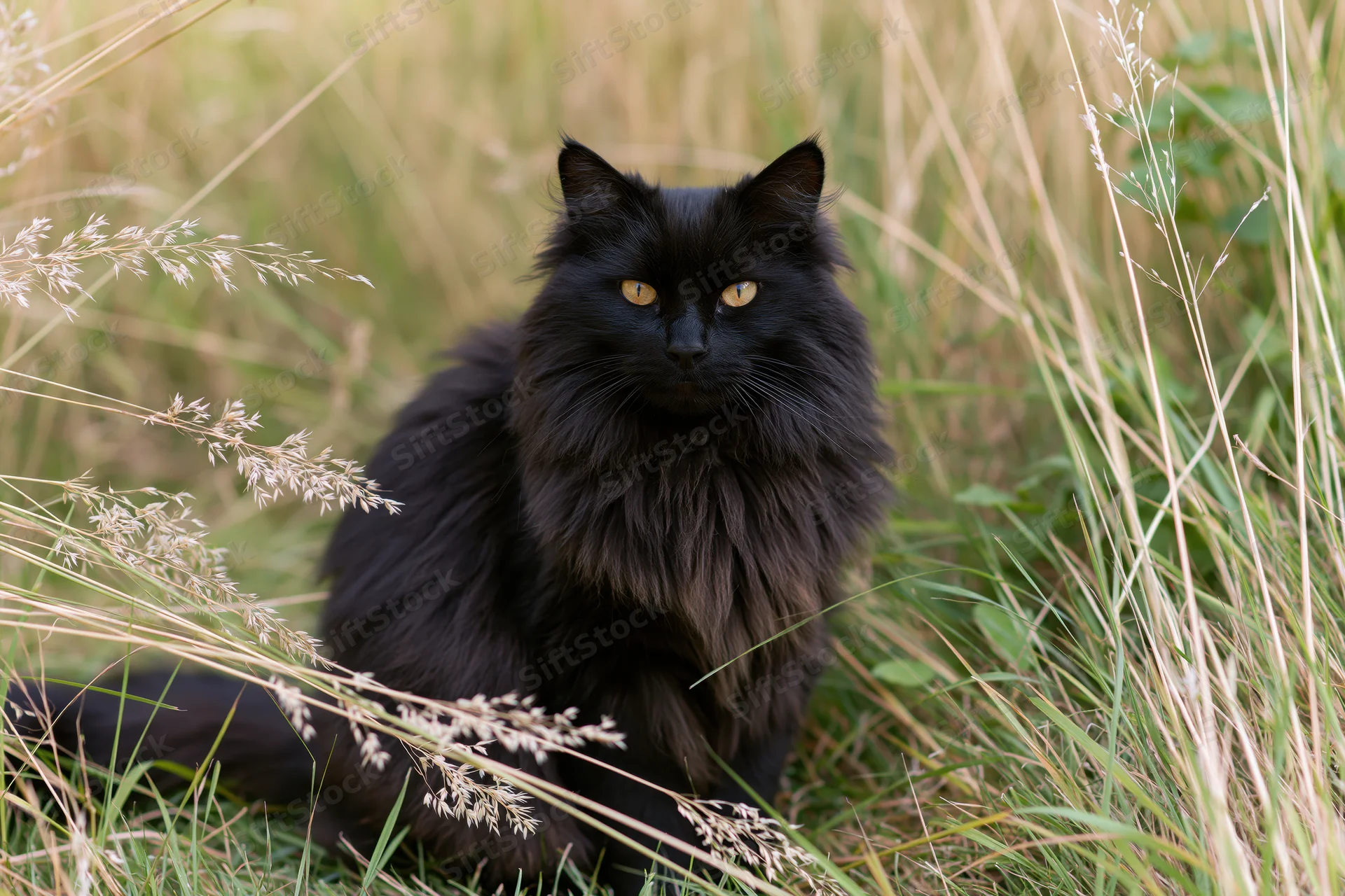 Fluffy black longhaired cat sitting alert in tall wild grass field