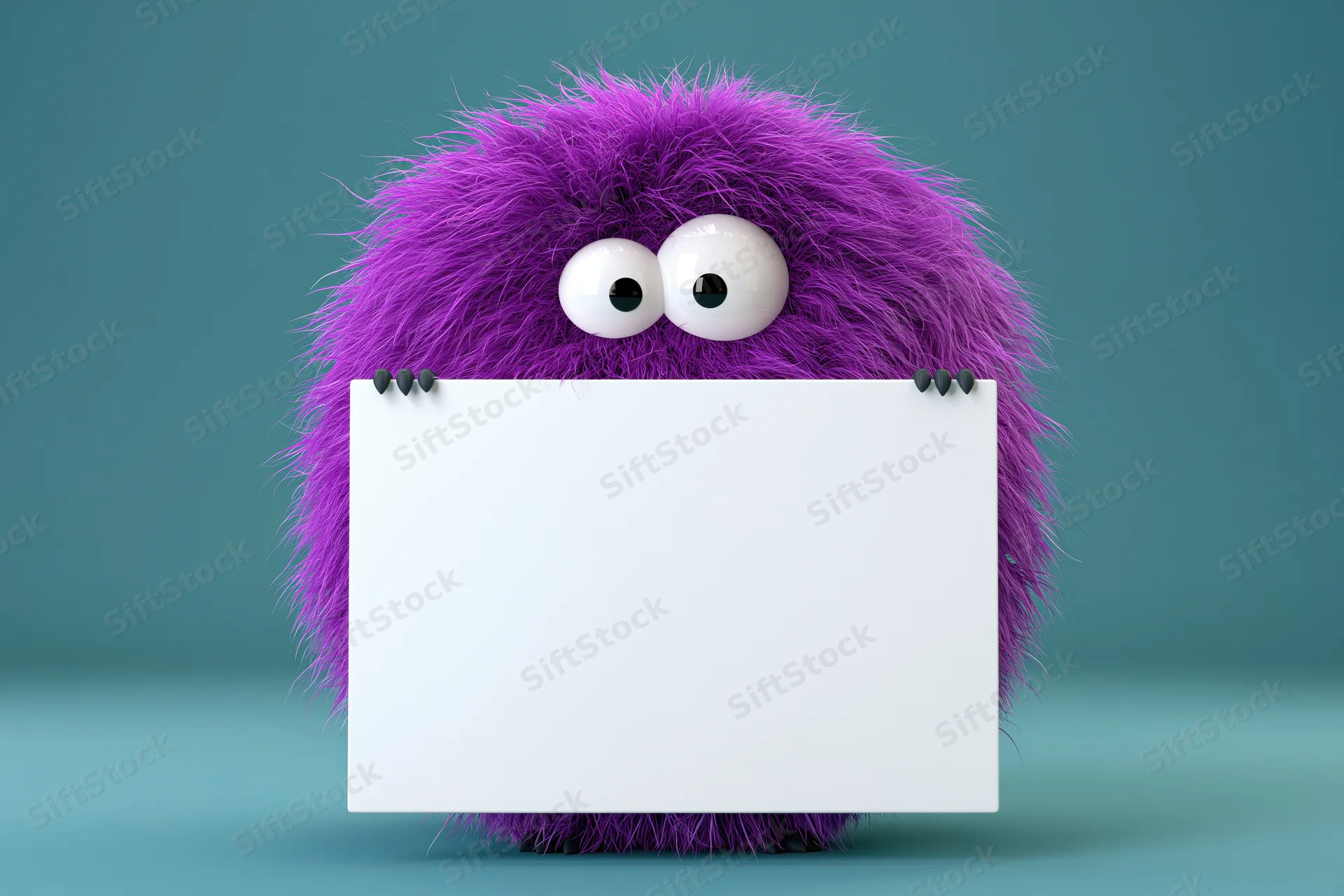 Fluffy purple cartoon monster holding blank white sign in studio setting