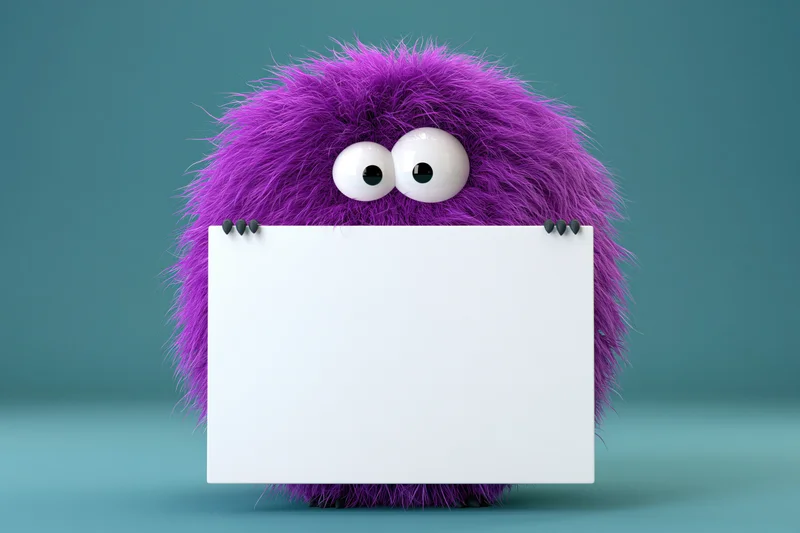 Fluffy purple cartoon monster holding blank white sign in studio setting