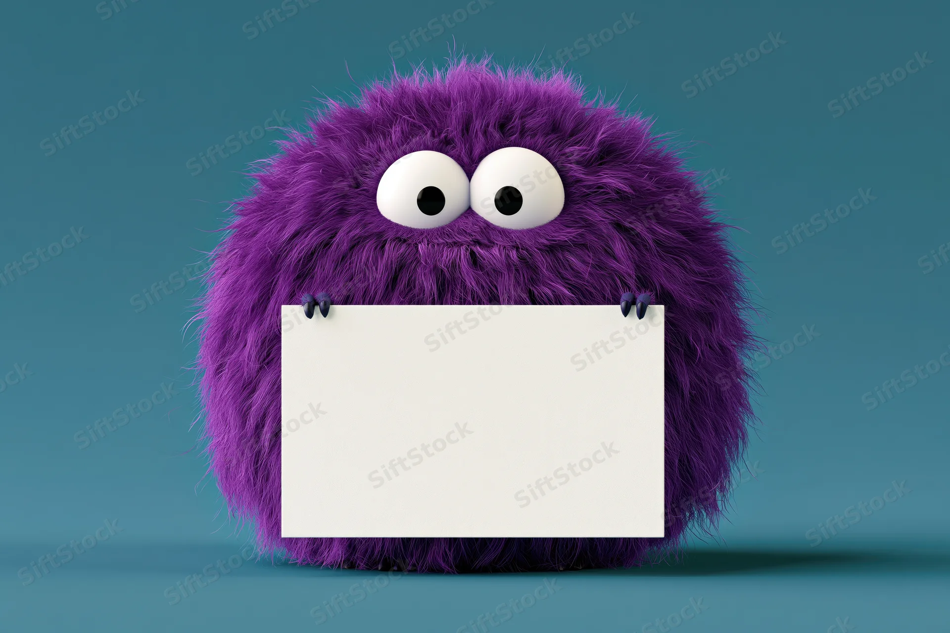 Fluffy purple cartoon monster holding a blank white sign against a teal background