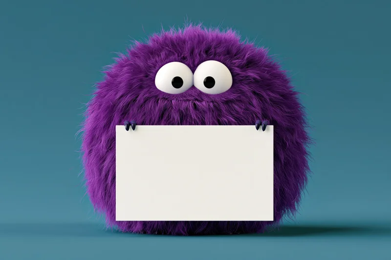 Fluffy purple cartoon monster holding a blank white sign against a teal background