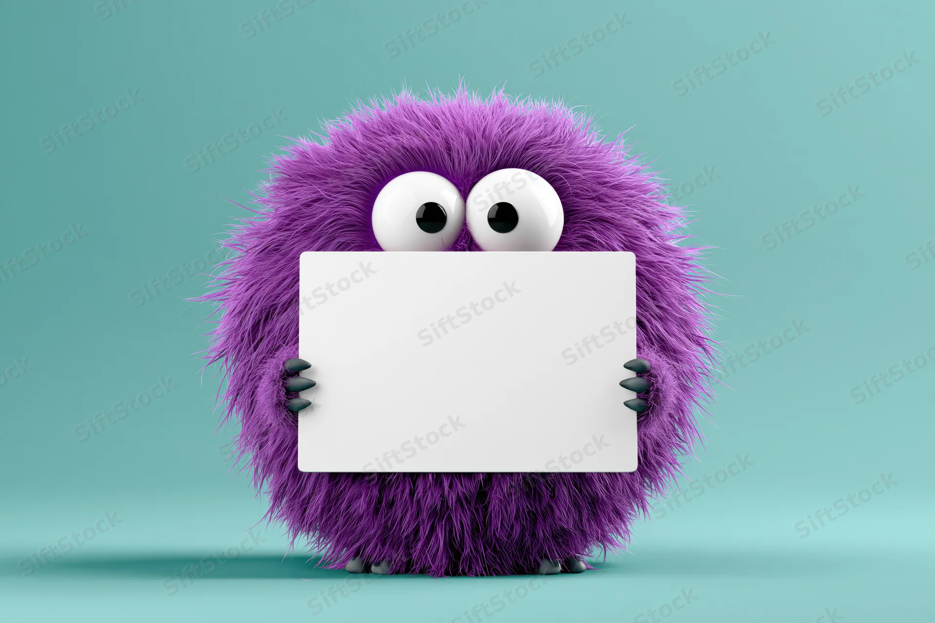 Fluffy purple cartoon monster holding blank white sign against teal background