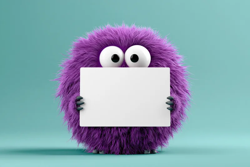 Fluffy purple cartoon monster holding blank white sign against teal background