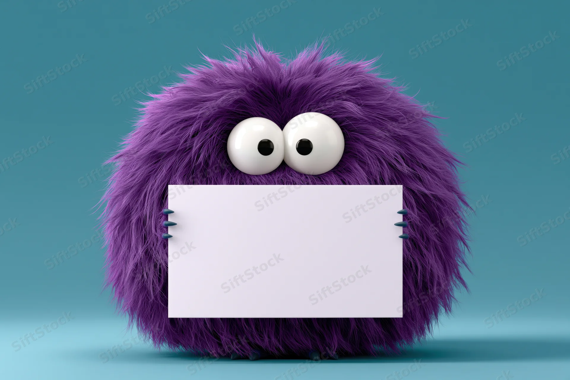 Fluffy purple cartoon monster holding blank white sign against teal background