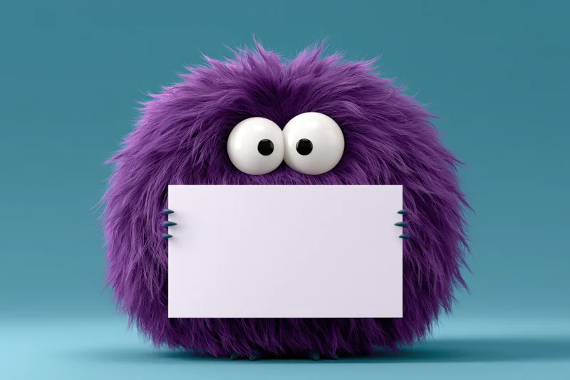 Fluffy purple cartoon monster holding blank white sign against teal background