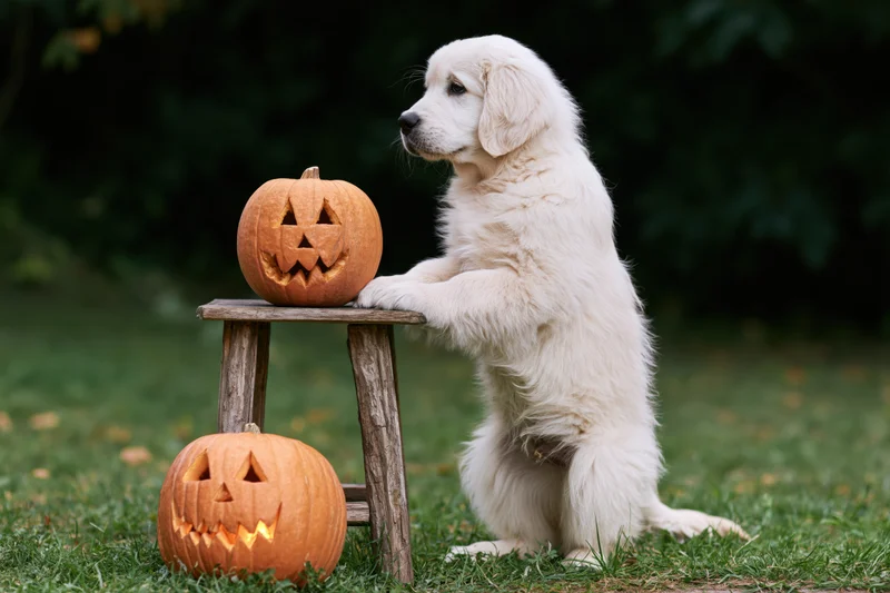 Fluffy white golden retriever puppy standing on hind legs beside carved pumpkins on a wooden stool in a grassy yard