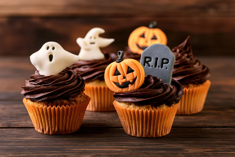 Four halloween cupcakes with chocolate frosting and ghost, pumpkin, tombstone decorations on dark wooden surface