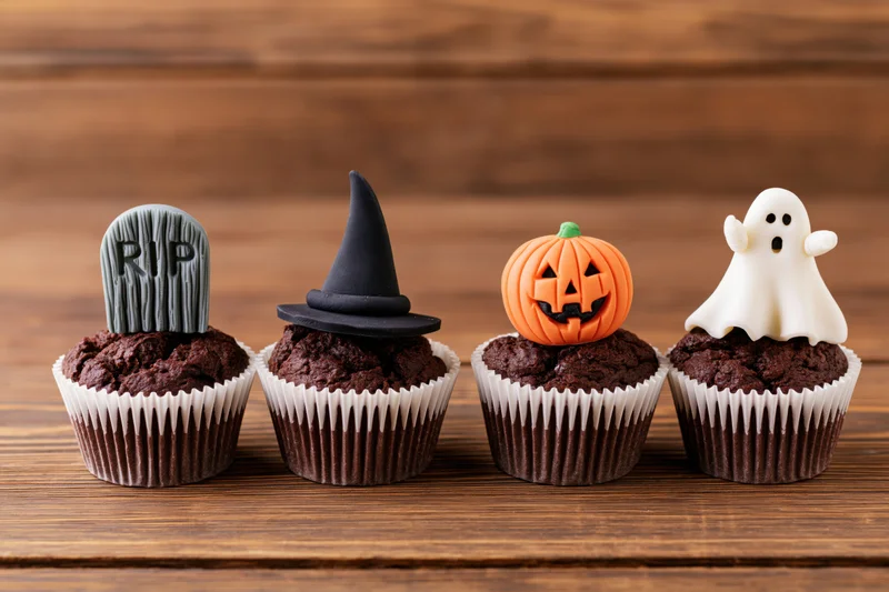 Four halloween chocolate cupcakes decorated with tombstone witch hat jack o lantern and ghost toppers arranged in a row on wooden surface