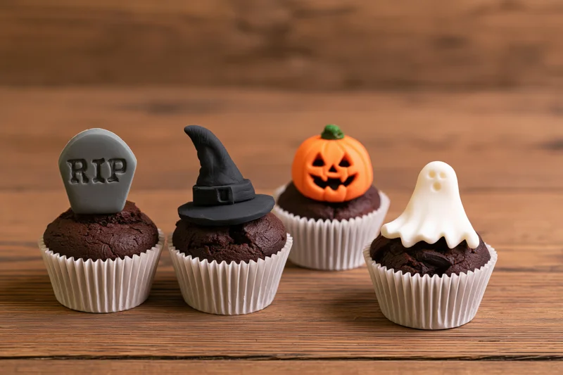 Four halloween chocolate cupcakes decorated with tombstone, witch hat, pumpkin and ghost toppers on wooden table