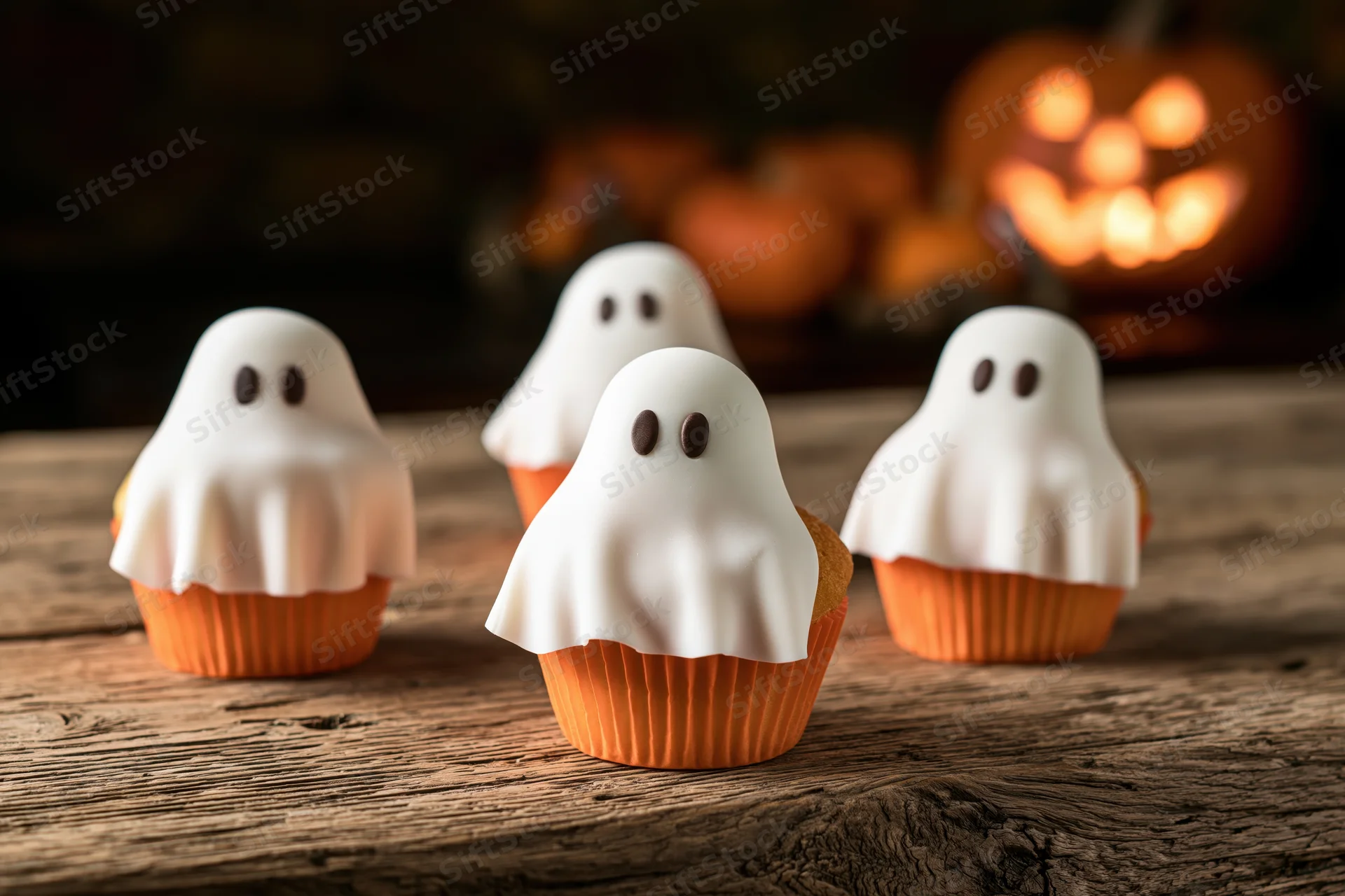 Four halloween cupcakes with white fondant ghost toppers on a wooden table with lit jack-o-lanterns in the background