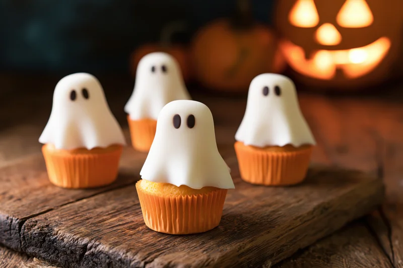 Four halloween cupcakes with white fondant ghost toppers on a wooden board, lit jack-o-lantern in background