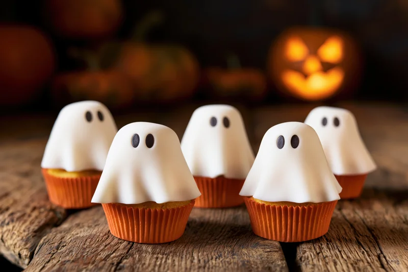 Ghost-shaped cupcakes with white fondant toppers on a wooden table with jack-o-lanterns in the background