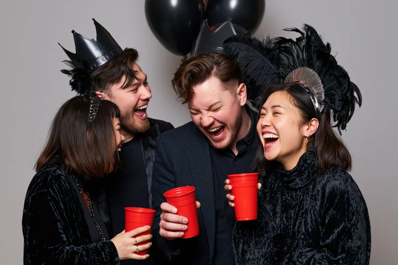 Four adults laughing at a costume party holding red plastic cups indoors
