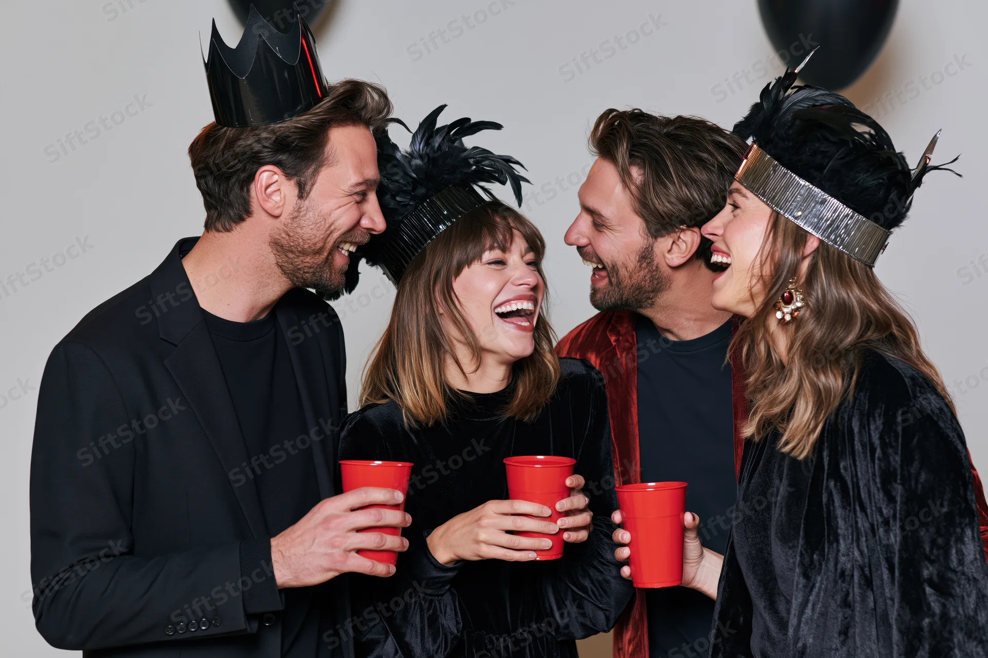 Four adults laughing and holding red plastic cups at a costume party
