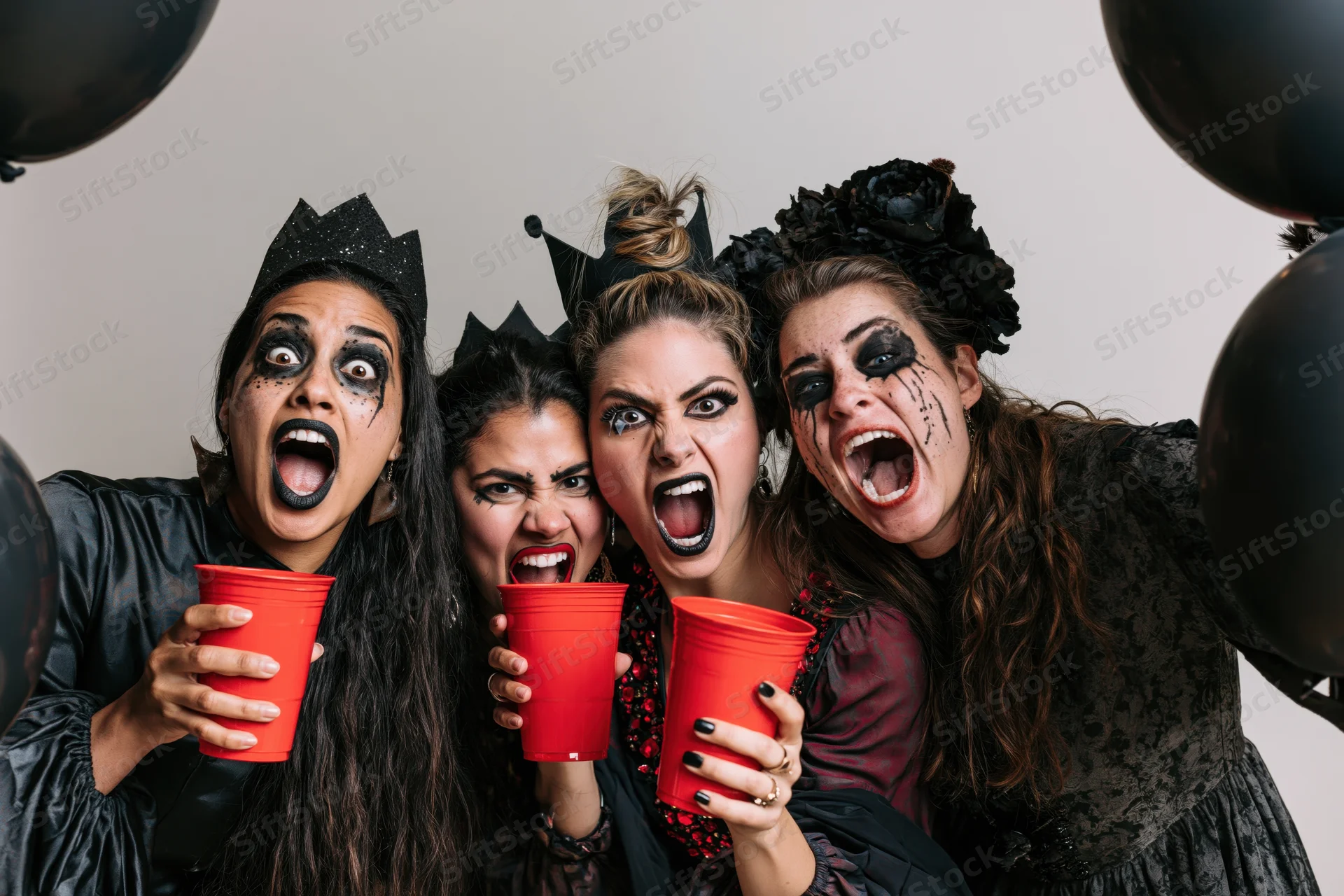 Four women in halloween costumes with theatrical makeup screaming while holding red cups at a party