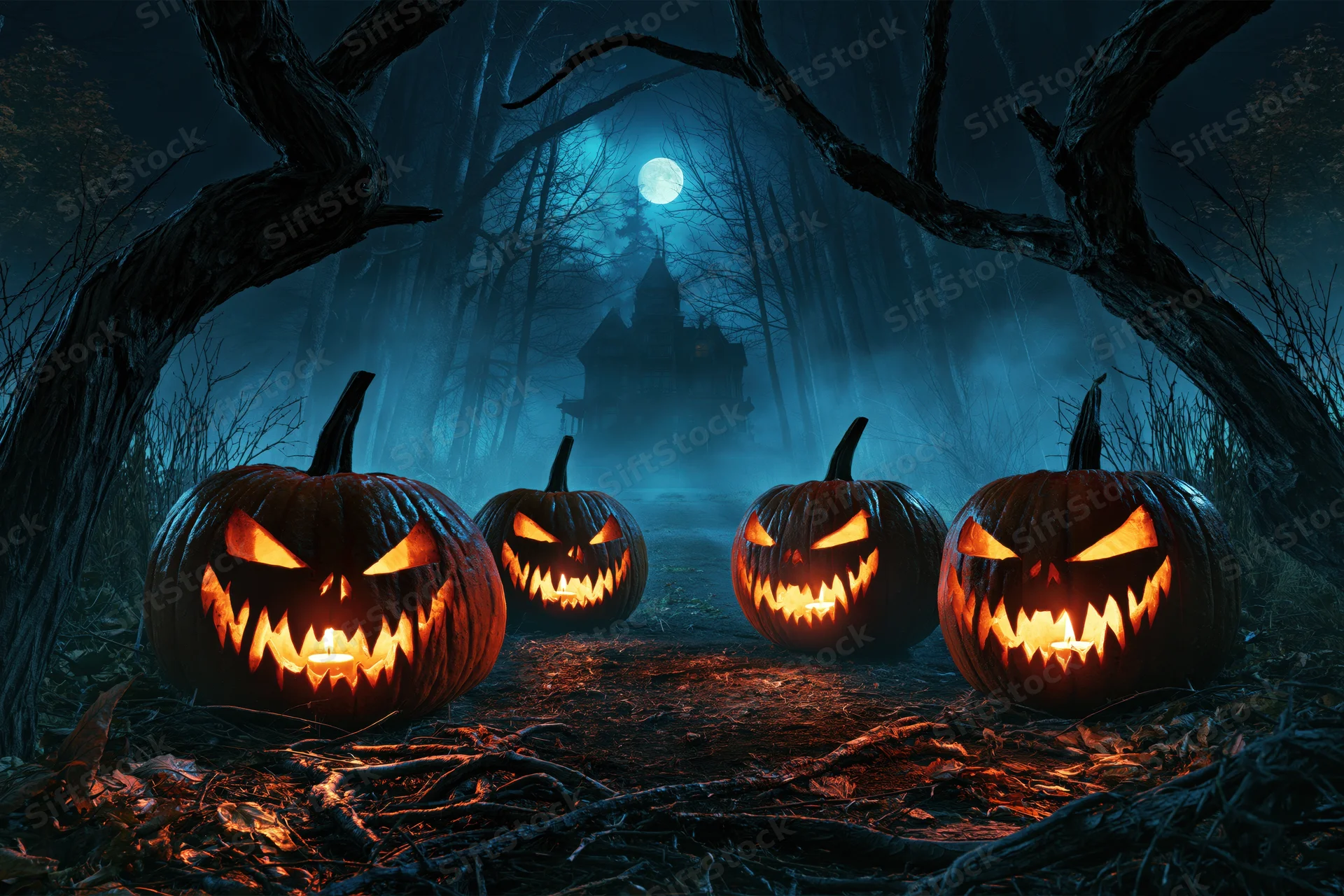 Four carved jack-o-lanterns glowing with orange candlelight on a forest path at night near a haunted mansion under a full moon