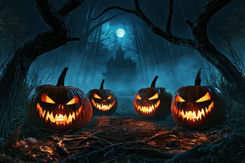 Four carved jack-o-lanterns glowing with orange candlelight on a forest path at night near a haunted mansion under a full moon
