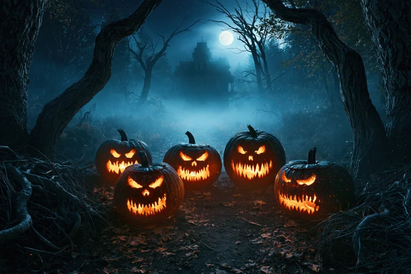 Five carved jack-o-lanterns glowing on a forest path at night with a haunted mansion in the fog under a full moon