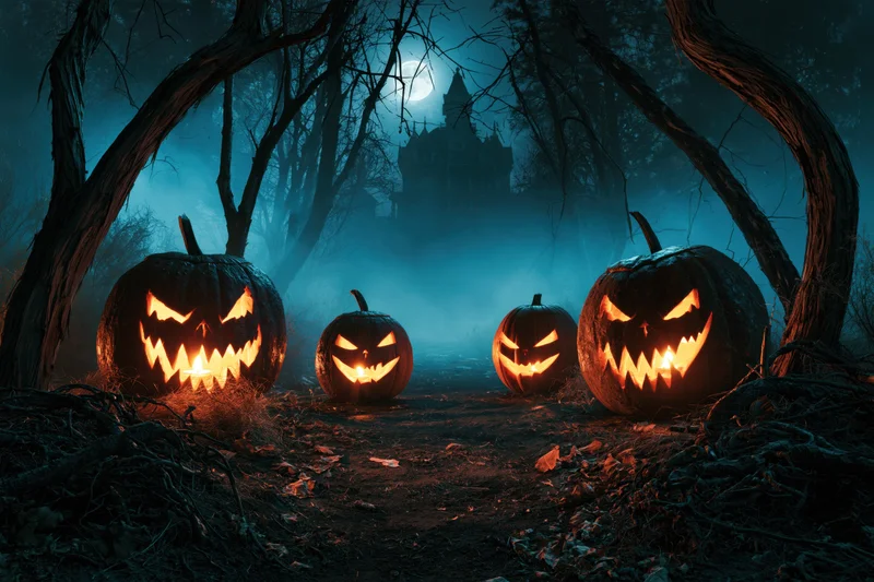 Four carved jack-o-lanterns glowing with orange candlelight along a dark forest path leading to a haunted castle silhouette under a full moon