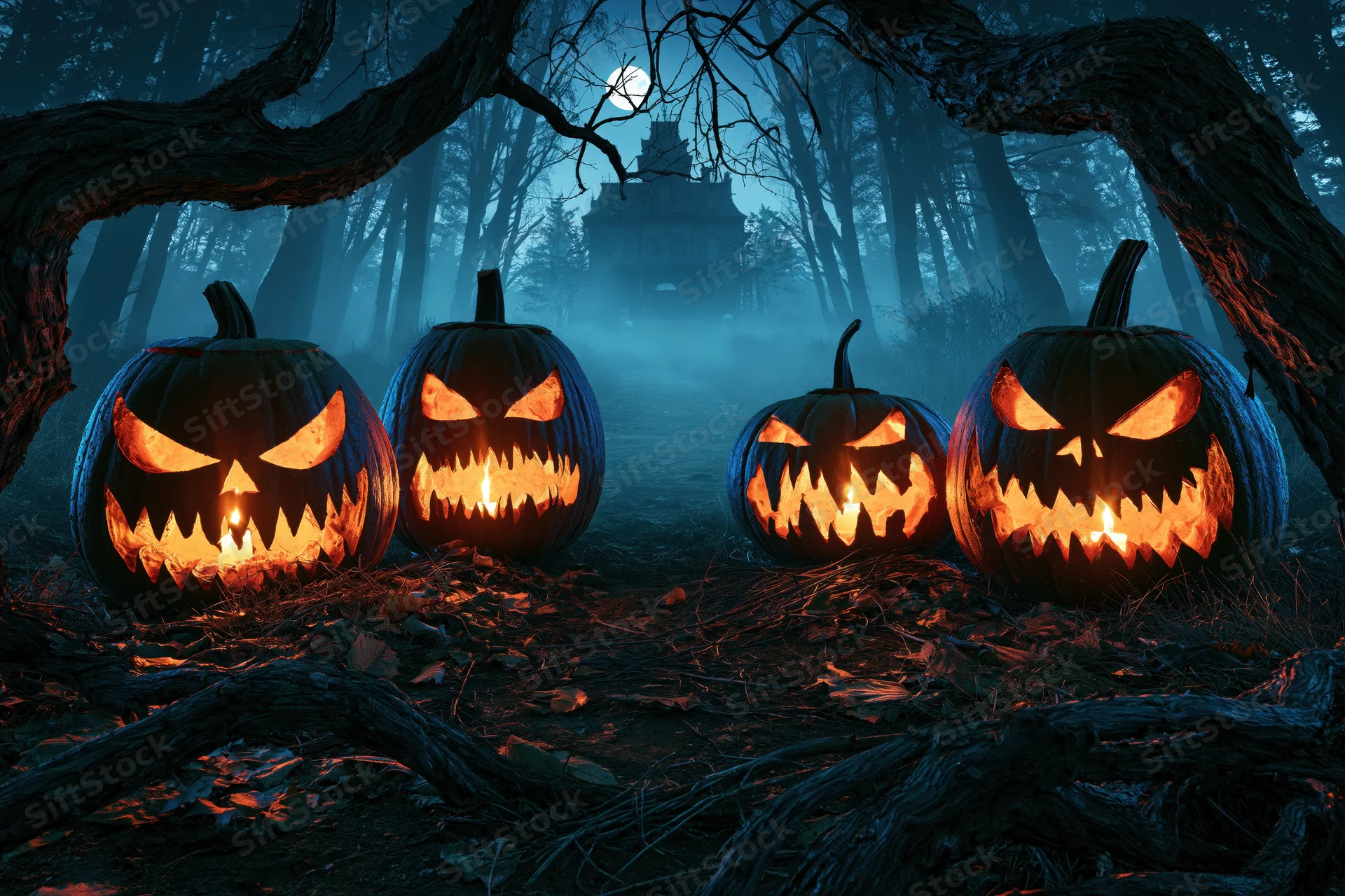 Four carved jack-o-lanterns glowing with orange candlelight in a foggy forest at night under a full moon