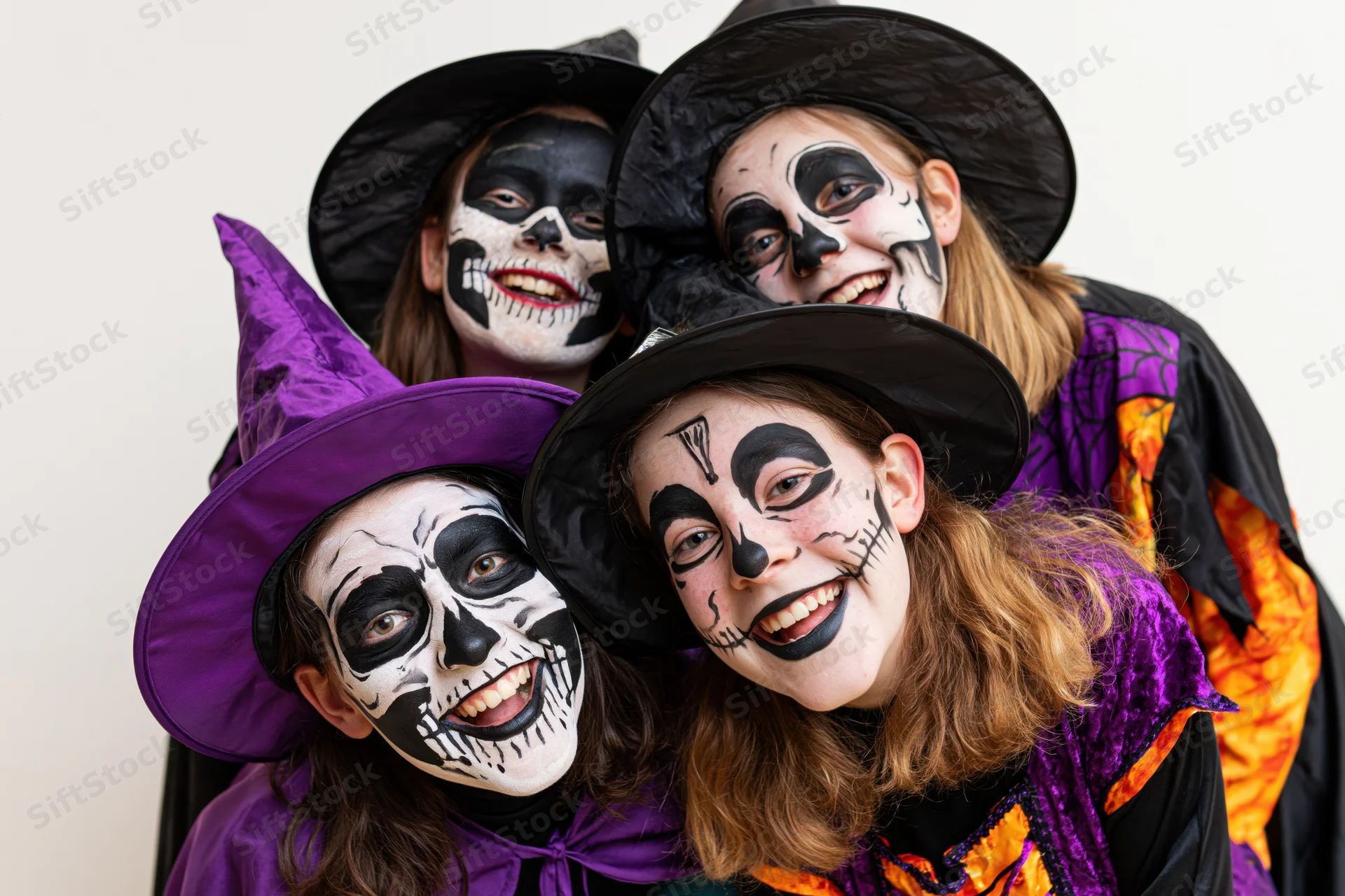 Four teenagers in witch costumes with skull face paint smiling closely together indoors
