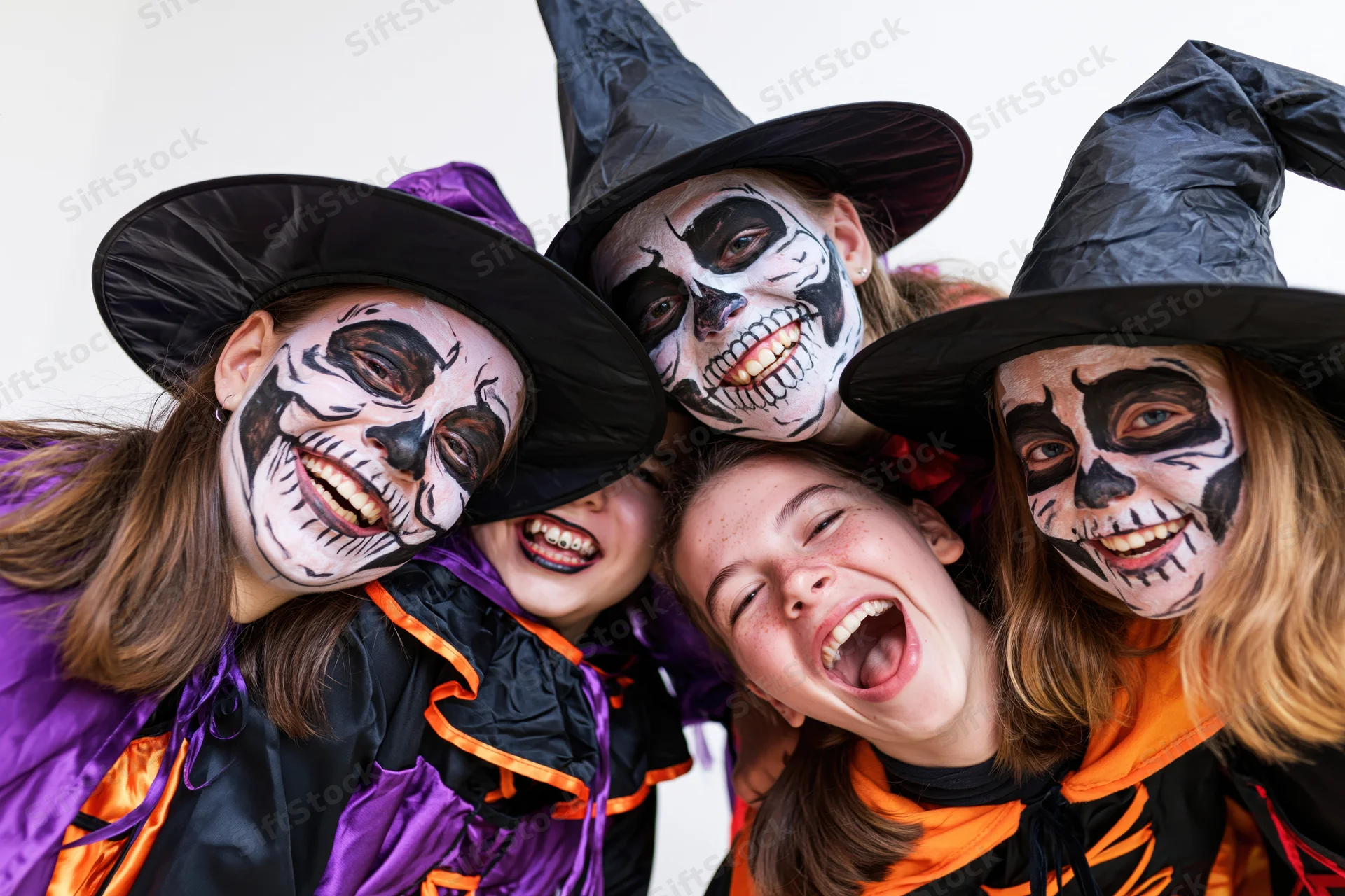 Four teenagers in halloween witch costumes with skull face paint laughing together in a group portrait