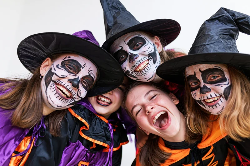 Four teenagers in halloween witch costumes with skull face paint laughing together in a group portrait
