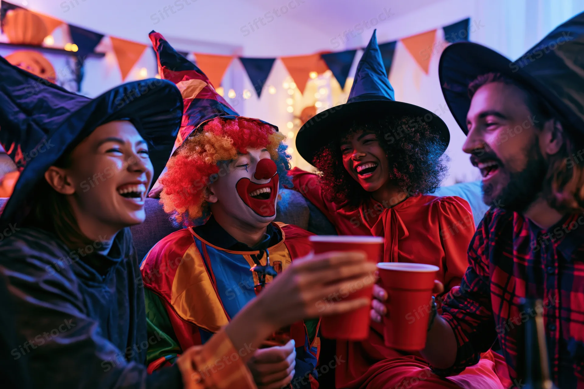 Four young adults in halloween costumes laughing and toasting indoors