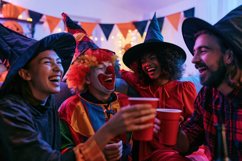Four young adults in halloween costumes laughing and toasting indoors