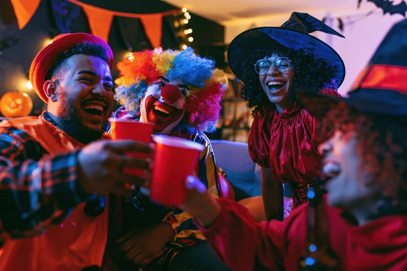 Four young adults in halloween costumes laughing and toasting indoors with drinks