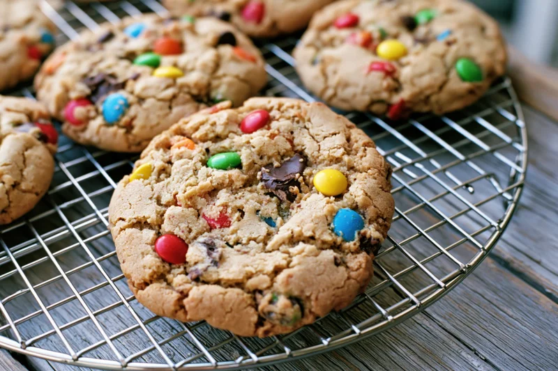Freshly baked monster cookies with colorful candy-coated chocolates cooling on a wire rack over a wooden surface