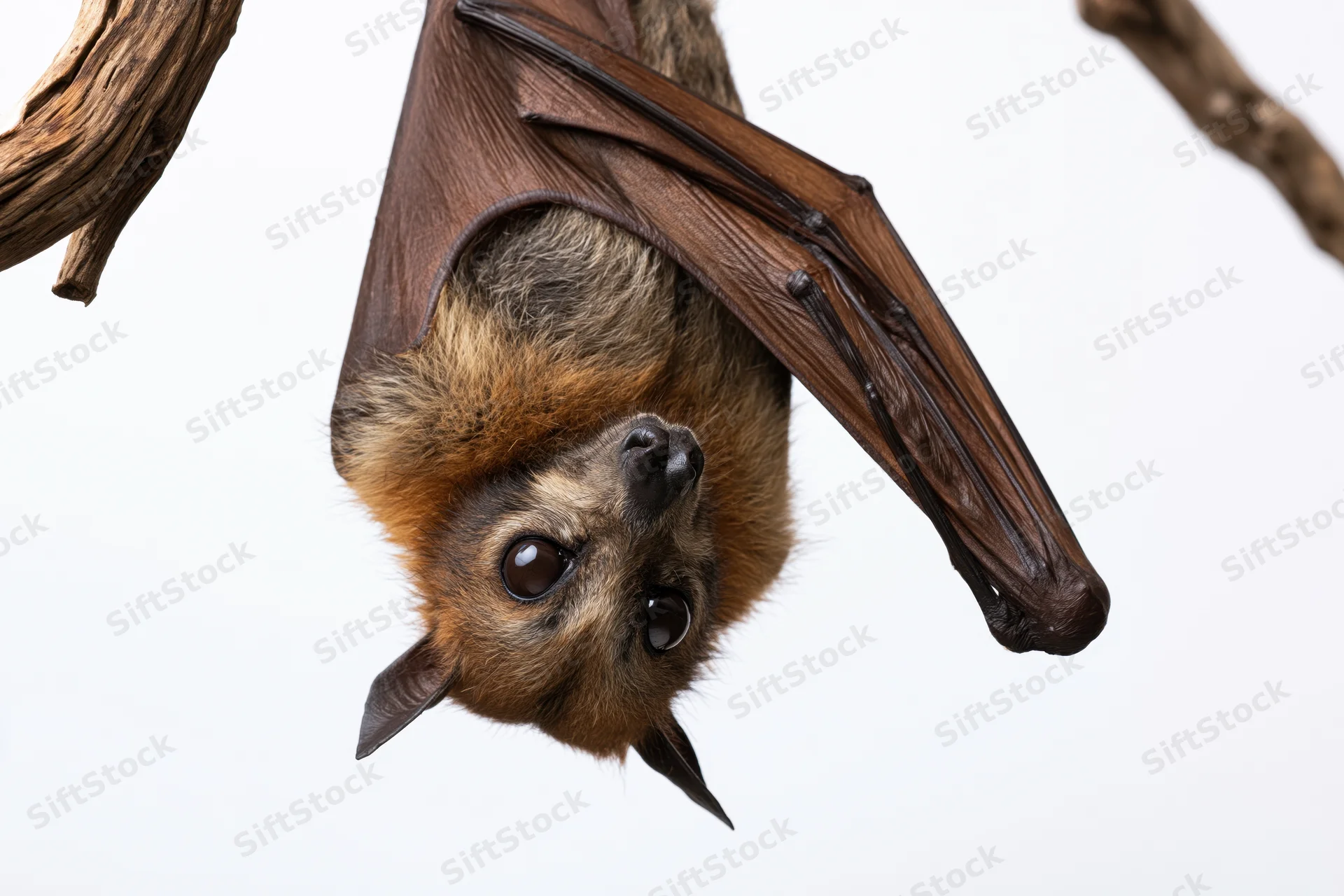 Fruit bat hanging upside down from a dry wooden branch against white background