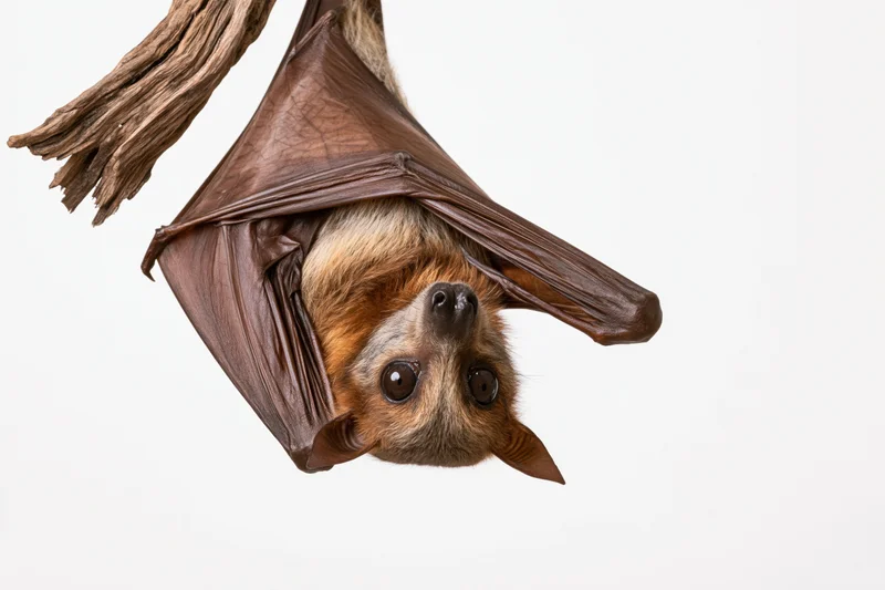 Fruit bat hanging upside down from a gnarled dry wooden branch against white background