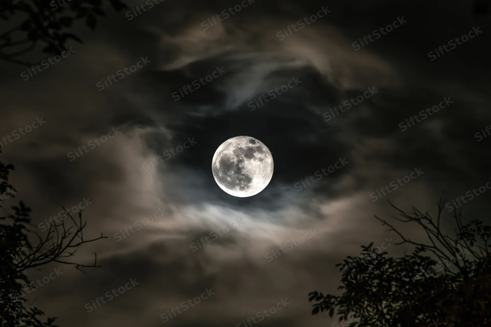 Full moon centered in a dramatic night sky partially surrounded by clouds and tree silhouettes