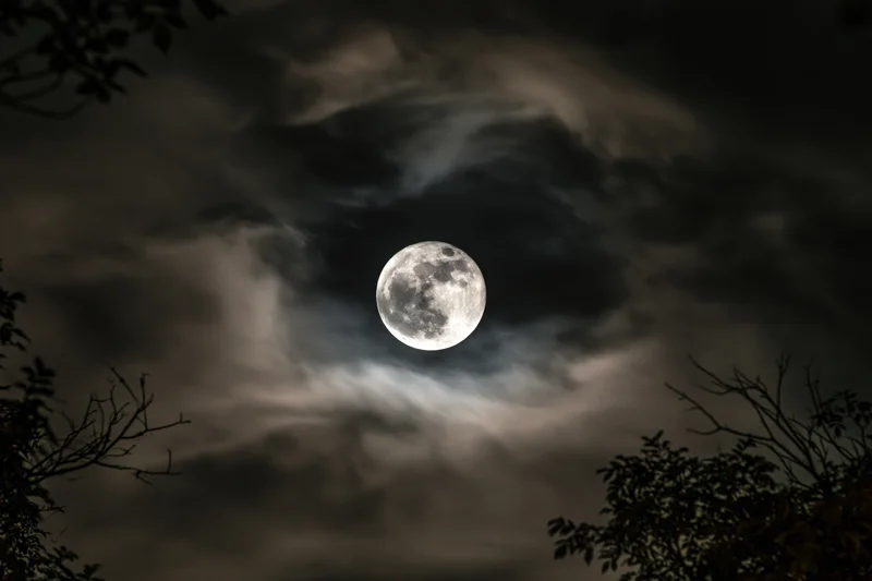 Full moon centered in a dramatic night sky partially surrounded by clouds and tree silhouettes